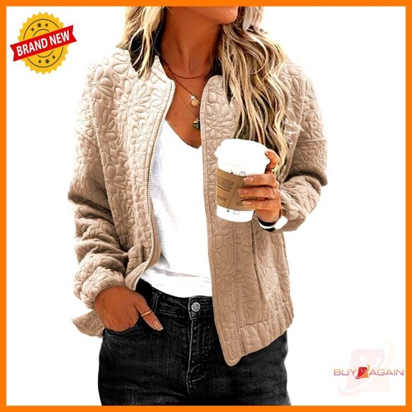 Jackets & Blazers - Lightweight Jacquard Bomber Jacket Oversized Chic Casual Zip Up Spring Fashion